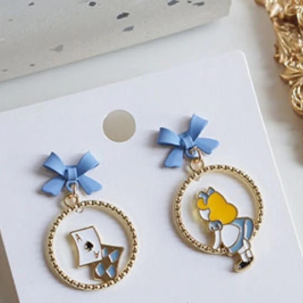 Alice in Wonderland Drop Earrings Whimsical Blue Bow Dangles
